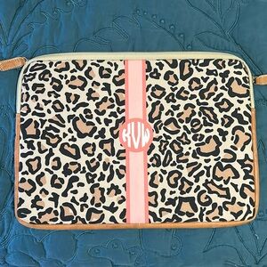 Barrington gifts laptop sleeve in leopard. Monogram KVW